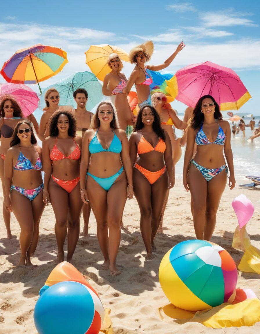 A diverse group of confident individuals of varying body types showcasing stylish swimwear on a beach, surrounded by vibrant umbrellas and beach balls. The scene captures a sense of joy and inclusivity, with bright sun and clear blue skies. Emphasize the swimwear's unique designs and patterns. super-realistic. vibrant colors. sunny beach setting.