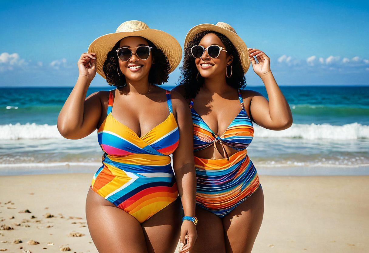 A confident plus-size woman joyfully posing on a sun-kissed beach, wearing a fashionable, colorful swimsuit that accentuates her curves. Surround her with vibrant beach accessories like a wide-brimmed hat and oversized sunglasses, along with gentle waves in the background. Incorporate a diverse group of women of different body types enjoying the beach scene together. bright colors. super-realistic. summer vibes.
